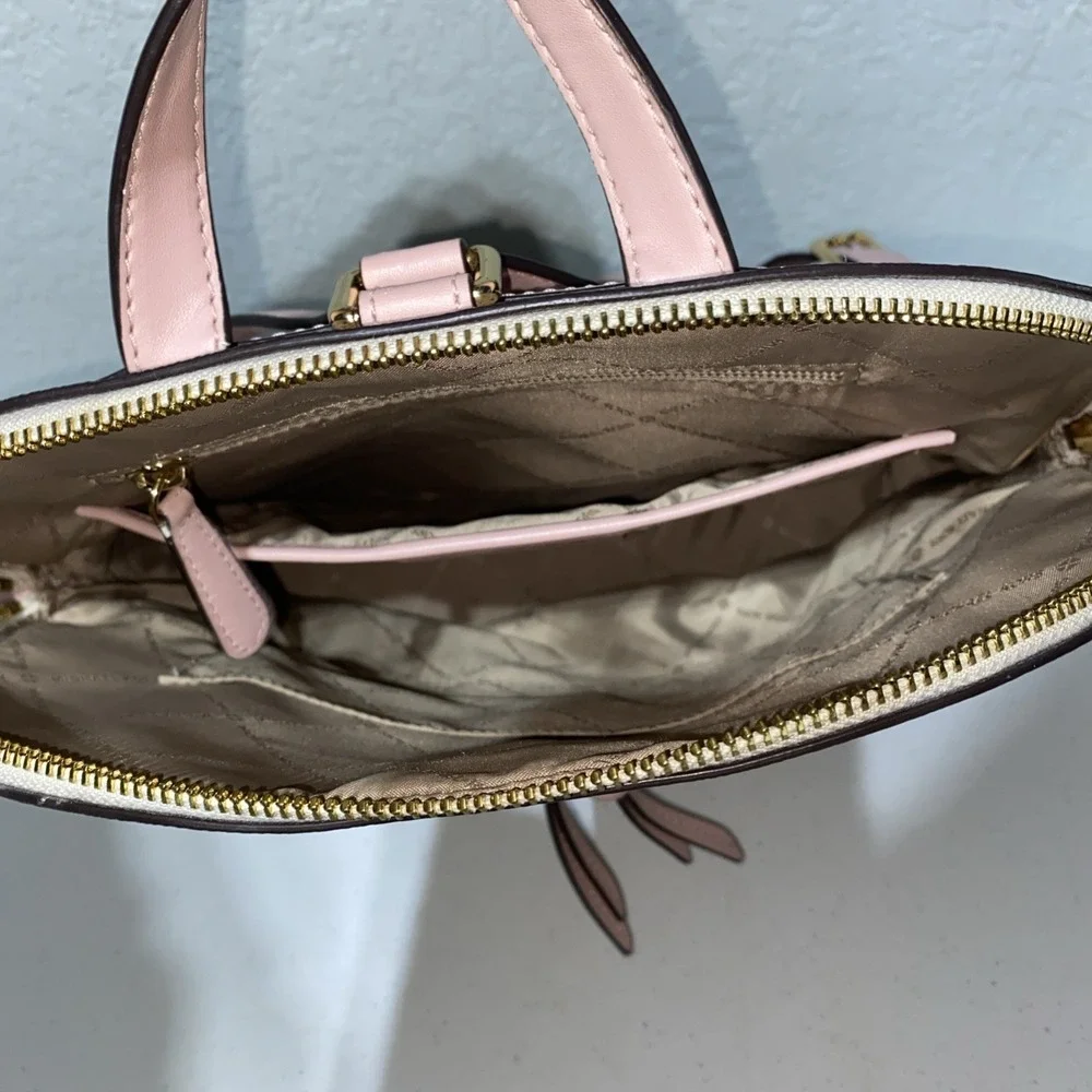 Michael Kors MK Floral Monogram Backpack Bag Purse Pink Leather Trim Gold Accent